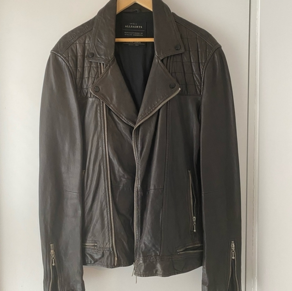 All saints leather biker jacket.  Size XL. But fit like a large